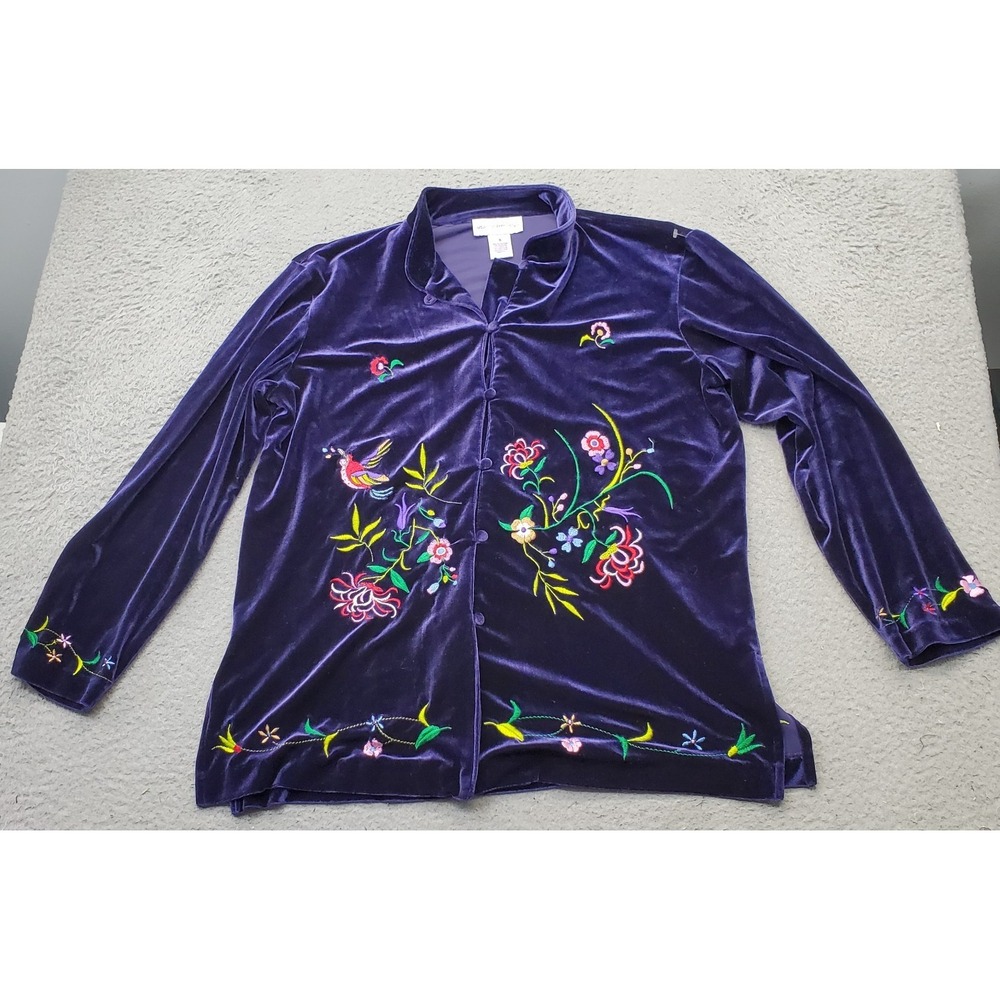 Susan Graver Jacket Womens Small Multi Velvet Embroidered Floral Button Front